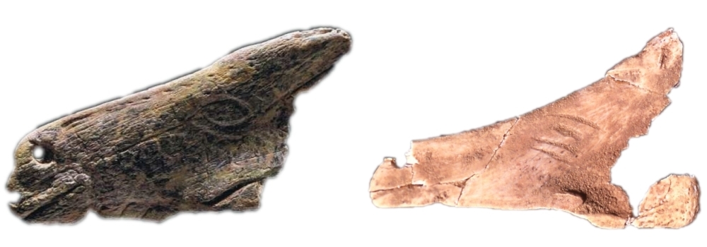 A la izquierda, contorno recortado sobre hioides del abrigo de La Viña (© Ástur Paredes, Asociación Belenos). A la derecha, contorno recortado en forma de cabeza de caballo de Tito Bustillo (© Museo Arqueológico de Asturias)