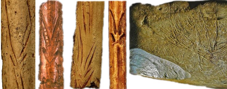 Motivos decorativos de esquematizaciones de cabras en perspectiva frontal, sobre distintos soportes. De izquierda a derecha: Chora, El Valle, El Pendo y bloque de Abauntz