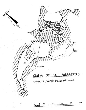 Plano de la cueva de Herrerías, con indicación de las zonas decoradas. © Francisco Jordá y Manuel Mallo