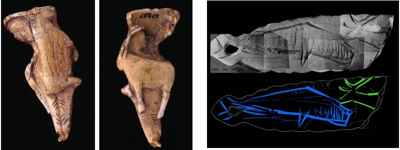 A la izquierda, colgante de Mas d'Azil sobre diente de cachalote; a la derecha, colgante de Arancou, con representación de cetáceo. © Loïc Hamon; Carole Fritz